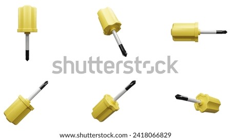 Set of 3D rendered yellow screwdrivers illustration on isolated background