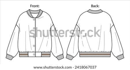 Vector fashion sketch sweatshirt with rib, woman collage jacket technical drawing, fashion CAD, flat, template, long sleeved hoodie. Jersey or fleece sweatshirt with front, back view, white color