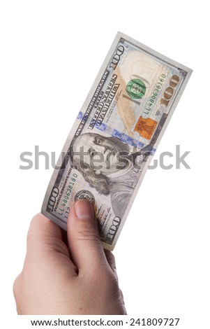 male hand holding one hundred dollar banknote on white background
