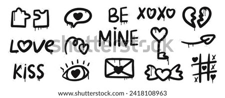 Set graffiti clip art. Urban street style. Valentine day elements. Y2k love set. Collection of heart, puzzle, eye, speech bubble, mail, tic tac toe. Splash effects and drops. Grunge and spray texture.