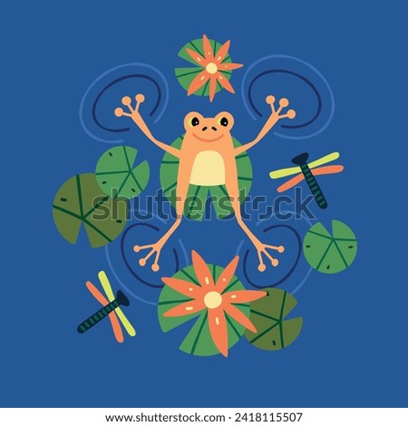 Vector illustration with a frog and water lilies
