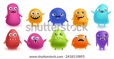 Funny monsters. Blob shape creatures with silly 3D faces, color jelly monsters vector illustration set of monster happy childish, slimy and sticky blob, cartoon cute Royalty-Free Stock Photo #2418119893