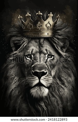 realistic lion head wearing golden crown on dark background. for print, posters, t-shirts, wallpaper. Vector illustration