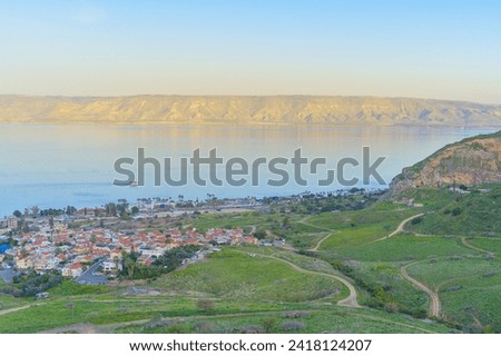 Panoramic view of the city of Tiberias and the Sea of Galilee (the Kinneret) at sunset,Israel