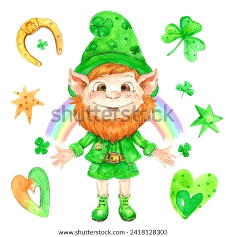 Happy leprechaun gnome - Celtic set of clip art, watercolor illustrations isolated for St. Patrick's Day.