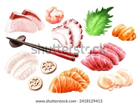 Japanese Sashimi elements set. Hand drawn watercolor illustration, isolated on white background