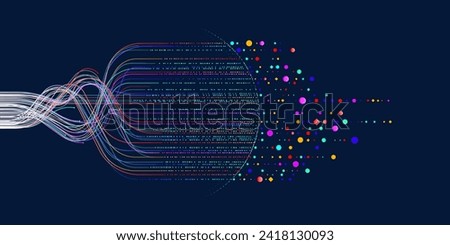 Illustration of abstract stream information with cyan, blue, red and orange line and dot. Big data, technology, AI, data transfer, data flow, large language model, generative ai Royalty-Free Stock Photo #2418130093