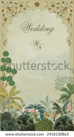 Mughal Wedding Card Design, Wedding Invitation, Mughal Motif, Watercolor Background.