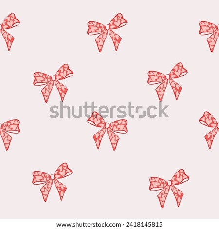 Seamless ribbon pattern with hearts in cartoon style. Cute trendy design. Vector funky illustration. Ballet-core, coquette-core background.