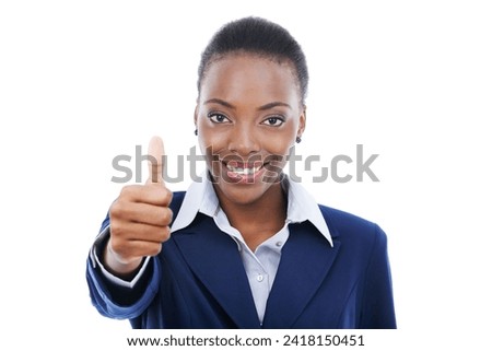 Yes, thumbs up and portrait of black woman in business with agreement and happiness in white background. African, entrepreneur and show thank you sign with hand for approval in feedback or like emoji