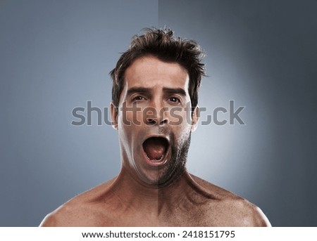Man, shave and face or beard comparison for hair removal or improvement in studio for wellness, half or grey background. person, portrait and surprise for cleaning, transformation and shocked Royalty-Free Stock Photo #2418151795