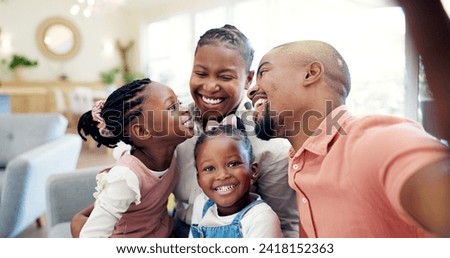 Black family, selfie and memory with parents and children at home, love and bonding, happy and social media. Live streaming, happiness and portrait, together and people smile in picture for post