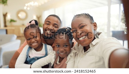 Black family, selfie and happy with parents and children at home, love and bonding with memory for social media. Live streaming, happiness and portrait, together and people smile in picture for post