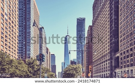 Retro stylized picture of New York cityscape, Manhattan, USA.