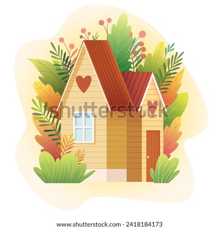 Cute spring cottage birdhouse with plants and leaves. Heart shaped windows. Vector clip art illustration