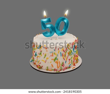 50 shaped candle light on happy birthday cake isolated on white background