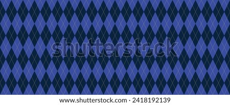 Navy Blue Argyle Seamless Vector Pattern. Blue and Dark Navy Diamonds with Thin Solid Gold Line Repeating Print. Harlequin Style Background. Pattern Tile Swatch Included.