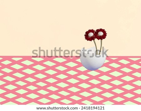 Easter pattern made of an eggshell, eggs and red flowers on a pastel yellow and green checkered background. Minimal concept of Easter. Copy space.