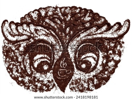 Cute owl. Drawing of coffee powder on a white background.