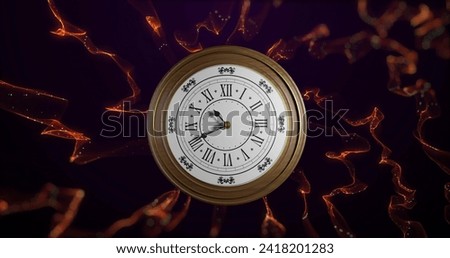 Image of clock ticking over light trails on black background. Global finance, business, connections, computing and data processing concept digitally generated image.