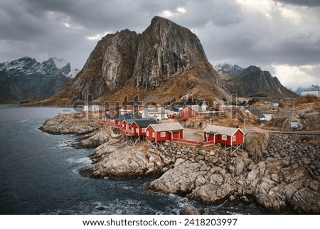Red houses in Hamnøy, Norway Royalty-Free Stock Photo #2418203997