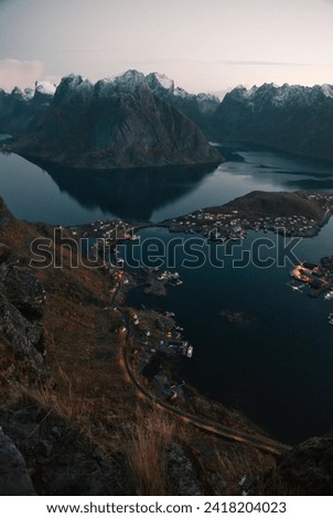 View of Reine, Norway from Reinebringen hike Royalty-Free Stock Photo #2418204023