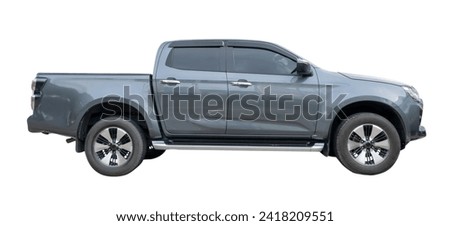 Side view of gray pickup truck is isolated on white background with clipping path. Royalty-Free Stock Photo #2418209551