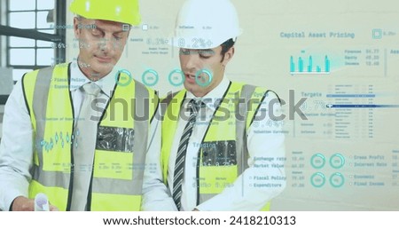 Image of data processing over diverse male architects in office. Global finance, business, connections, computing and data processing concept digitally generated image.