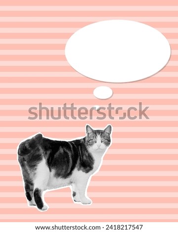 Fatty female tabby cat with speech bubble. Minimalist digital collage art 