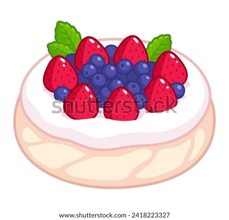 Pavlova, meringue dessert with whipped cream, fresh strawberries and blackberries. Traditional Australian pastry. Hand drawn vector clip art illustration.