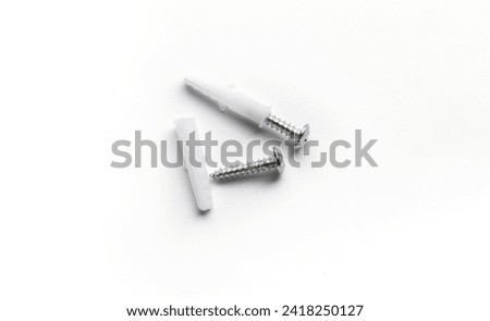 Anchor with screw, White anchor with screw on white background, plastic anchor with stainless screw on white background, construction tool.