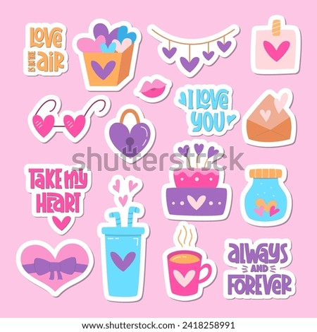 Valentines Day Sticker Colorful Collection with Hand Lettering. Vector Design Elements Set, Love Clip Art for Valentine Day. Cute Color Illustration of Envelope with Hearts, Cake, Eyeglasses.