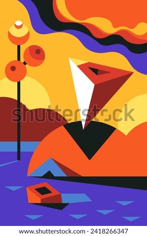 Fantastical dreamscape with luminous spheres lantern, levitating pyramid and swimming cube. Magical transformation and cosmic harmony. Boundless depths of the surreal realm. Vector in flat style