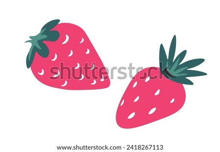 Sweet strawberry fruits with green leaves, isolated tasty product. Farm grown berry decoration for dessert. Organic and natural food, dieting and nourishment for vegetarians. Vector in flat style