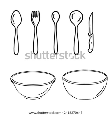 Dinnerware vector icon set. kitchen utensils like spoons, fork, knives, bowl isolated on a white background.