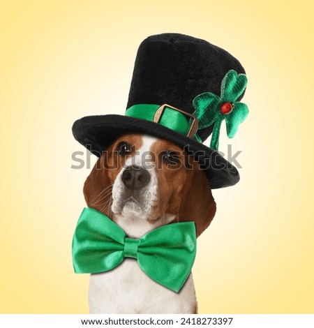 St. Patrick's day celebration. Cute Beagle dog with green bow tie and leprechaun hat on yellow background
