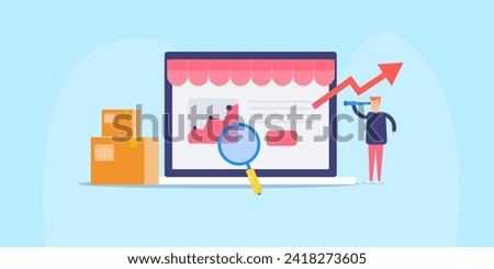Online Business opportunity, Businessman searching online business opportunity, Increasing online sales, eCommerce marketing growth - vector illustration background with icons