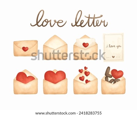 Set of hand drawn love letter clipart watercolor illustration 