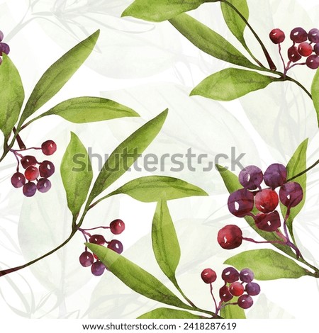 Laurel tree branch.Seamless pattern.Watercolor illustration on white and color background.
