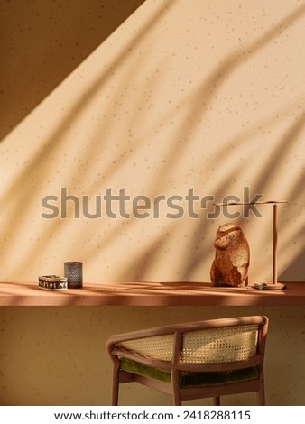 Modern elegance: Table anchored to wall, chic chair, wooden lamp, brass monkey statue, clay pen holder, luxury box. Bathed in natural light and leafy shadows. For sophisticated lifestyle visuals. Royalty-Free Stock Photo #2418288115