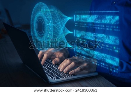 Big data analysis with AI technology. Person using machine learning and deep learning neural network for data science, data mining, business analytics, automation, data engineering. Glowing particles. Royalty-Free Stock Photo #2418300361