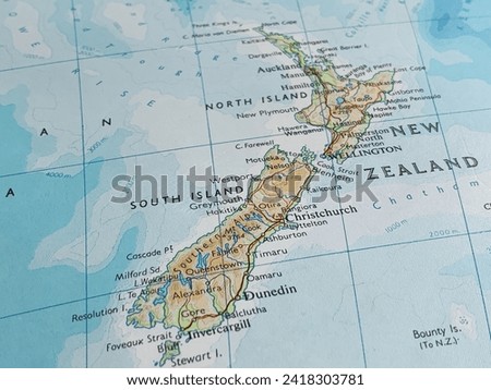 Map of New Zealand, world tourism, travel destination, world trade and economy Royalty-Free Stock Photo #2418303781