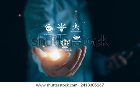 Soft skills HR concept. Business man with icons of soft skills, emotional intelligence, creativity, collaboration, adaptability, decision making and analytical thinking. Soft skills business training Royalty-Free Stock Photo #2418305167