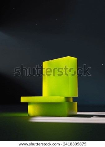 Product showcase in darkness: Radiant light on 3D-printed blocks, fluorescent green resin. Dynamic composition, perfect for modern product placement. Illuminate your visuals with innovation. Royalty-Free Stock Photo #2418305875
