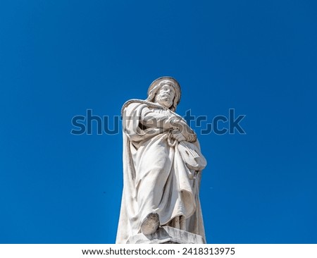 details of the marble Statue of Walther von der Vogelweide, Bolzano town, Bolzano province, Trentino-Alto Adige region, northern Italy. Royalty-Free Stock Photo #2418313975