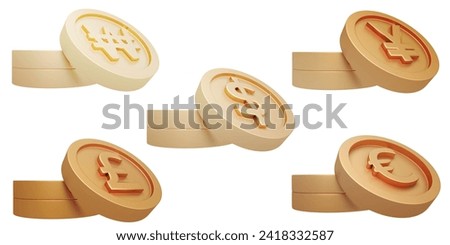 3D Rendering set of currency coins in us dollar won korean yuan china pound and euro isolated on white background. 3D Render. 3d illustration.