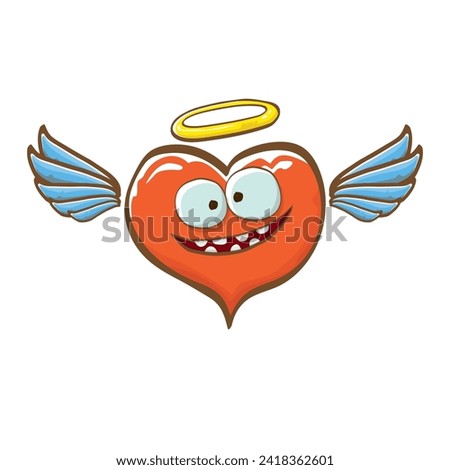 Cartoon bintage groovy heart character with wings and holy angel golden nimbus isolated on white background. Conceptual valentines day comic funky heart sticker and label vintage cartoon comic style