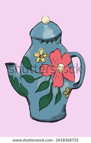 Grey-blue tea pot with pink flowers on pink background 2000x3000 raster illustration jpg
