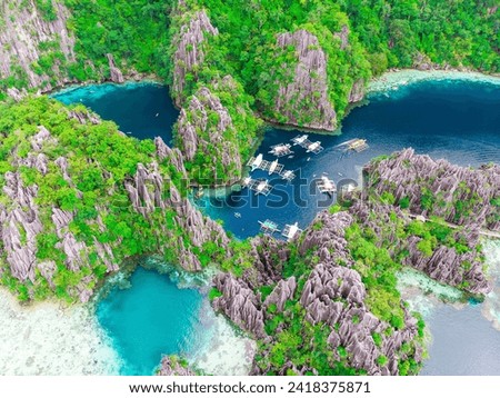 bird's-eye view of the picturesque Twin Lagoon and limestone cliffs in Coron, Palawan, Philippines. Royalty-Free Stock Photo #2418375871