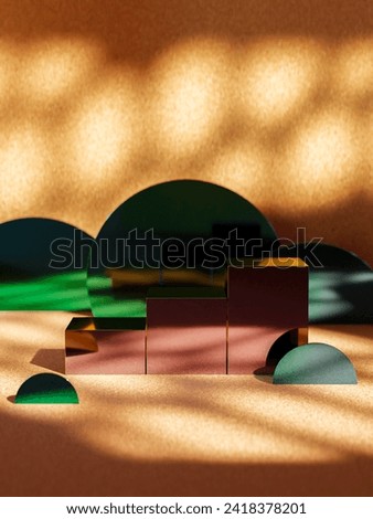 Reflective podium scene: Metal blocks on cork, backdrop of half circles, illuminated by geometric light. Elevate your products in this modern showcase. Perfect for sophisticated product placement. Royalty-Free Stock Photo #2418378201